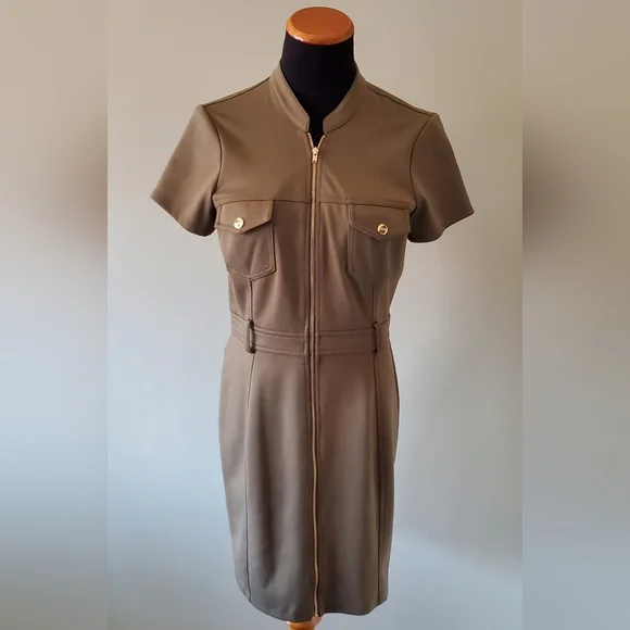Guess Olive Green Zip-Front Short Sleeve Dress - Picture 7 of 10